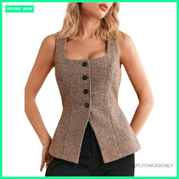Tweed Blazer Vest Sleeveless Square Neck Business Casual Cardigan